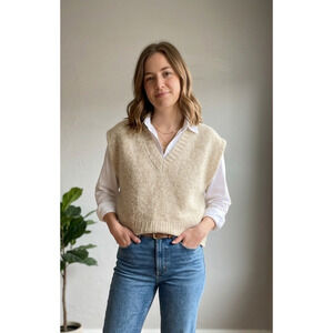 Madewell Heathered Cream V-Neck Sweater Vest Merino Wool Blend Size L Large